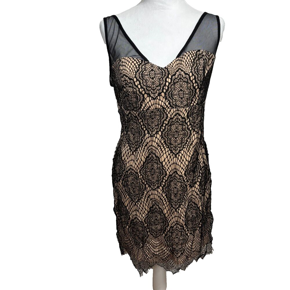 Jump‎ Lace Bodycon Women's Evening Dress Sz 11/12 Black Nude Glam Retro Romantic
